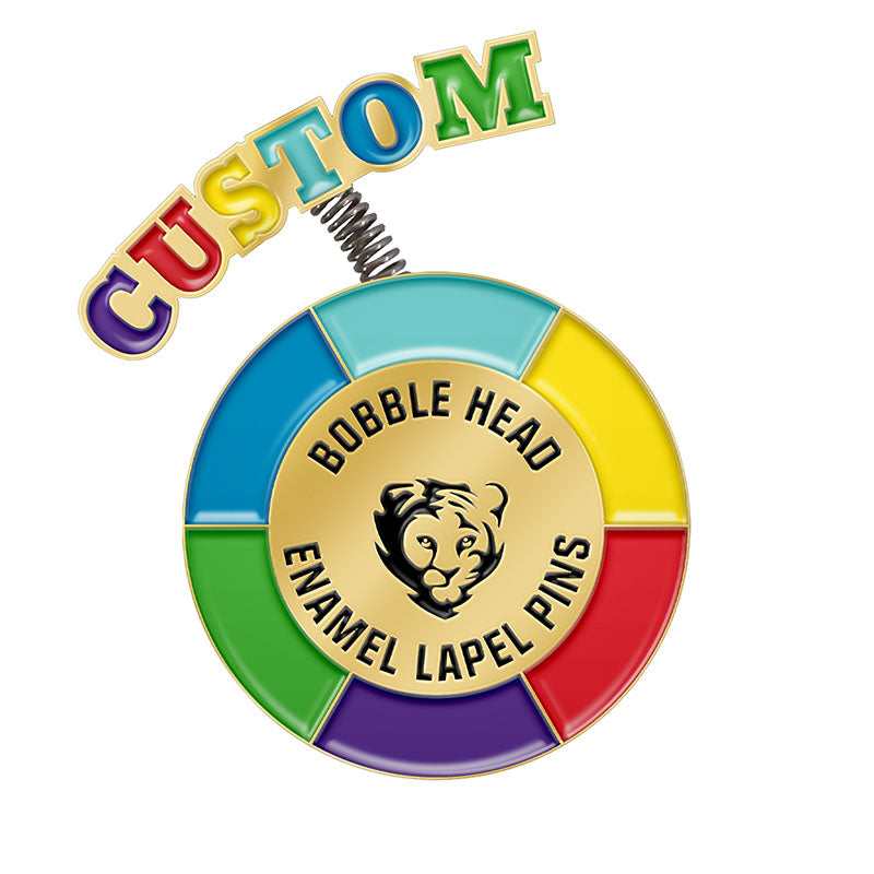 Custom enamel lapel pin featuring a Spring bobble head design with a movable component attached by a spring.