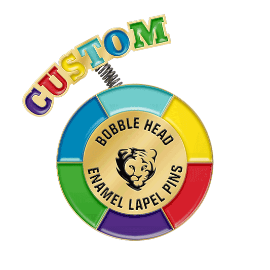Custom enamel lapel pin featuring a bobble head design with a movable component that sways for an interactive effect.