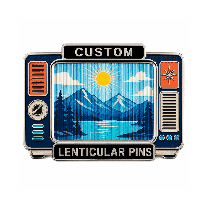 Animated custom lenticular pin demonstrating a shifting mountain lake image