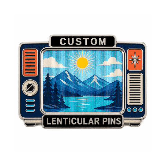 Animated custom lenticular pin demonstrating a shifting mountain lake image