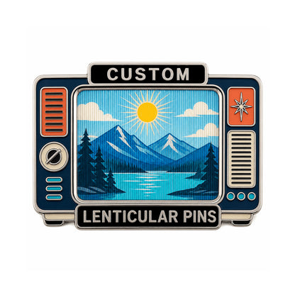 Custom lenticular pin styled as a retro television with mountain lake art