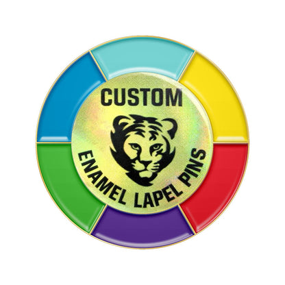 Custom lenticular enamel lapel pin featuring a colorful wheel border and a shifting central tiger logo design.