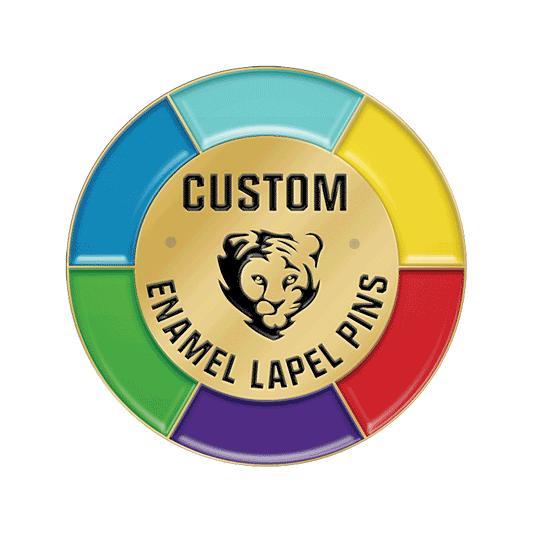 Custom blinking enamel lapel pin with a colorful wheel border and flashing LED lights next to a central tiger logo.