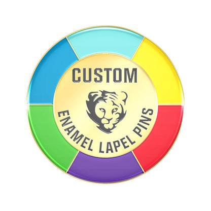 Custom epoxy enamel lapel pin featuring a colorful wheel border and a glossy central tiger logo design.
