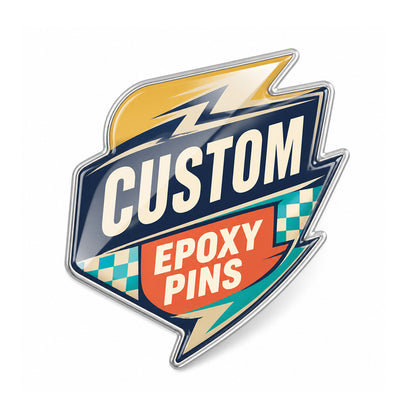 Glossy custom epoxy pin with navy, orange and teal lightning artwork