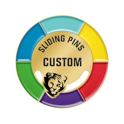 Custom slider enamel lapel pin featuring a colorful wheel border and a movable tiger head charm on a curved track.