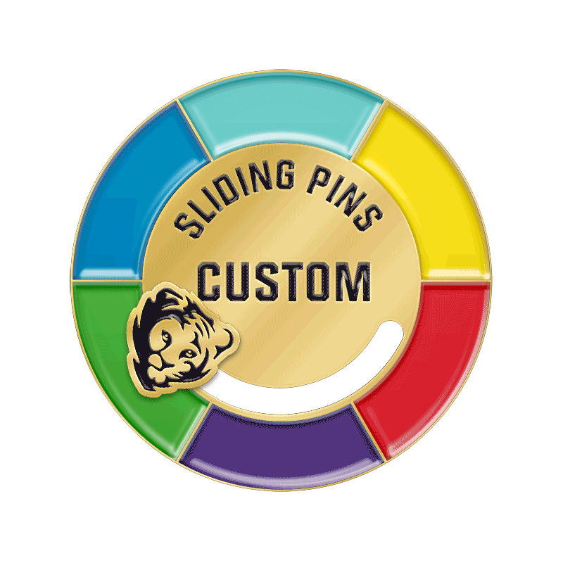 Custom sliding enamel pin with a colorful wheel border, featuring a small tiger head charm that moves back and forth along a curved track.