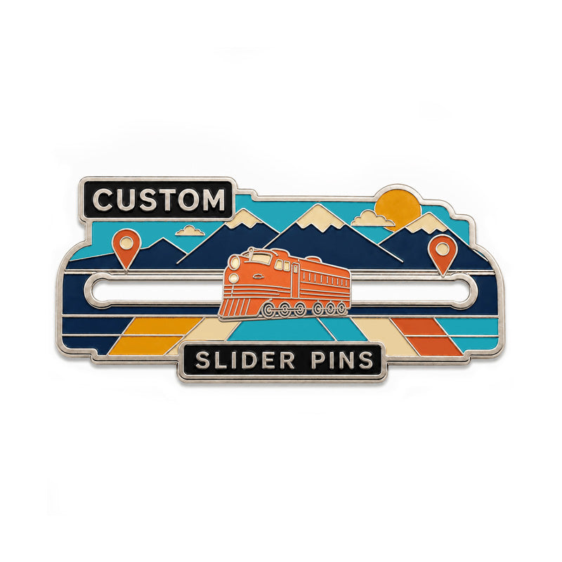 Custom slider pin with an orange train, mountain scene and travel markers
