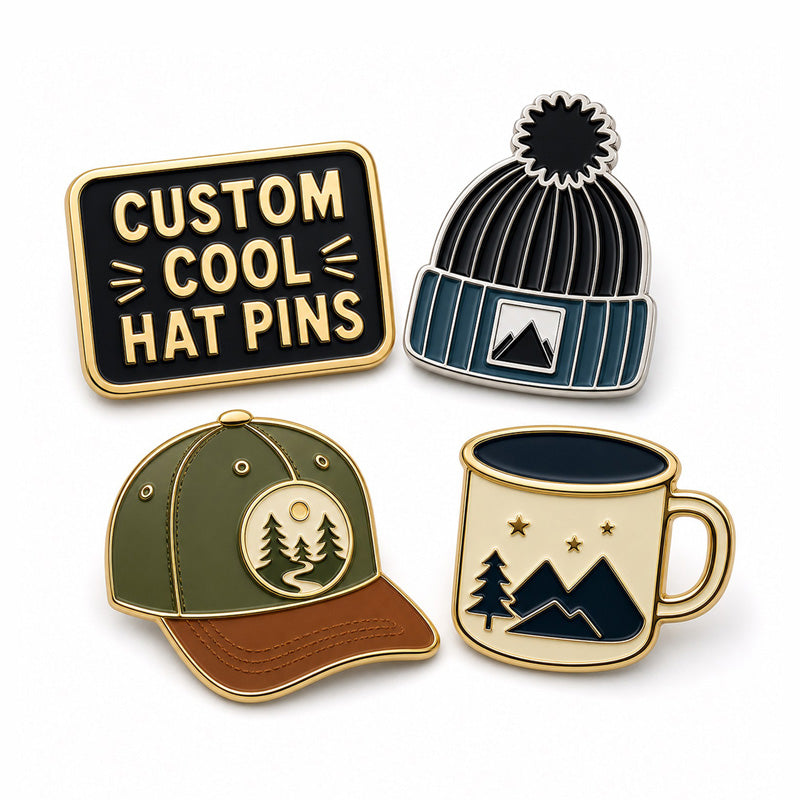 Collection of cool hat pins showing different custom enamel pin styles, metal finishes, and creative design options