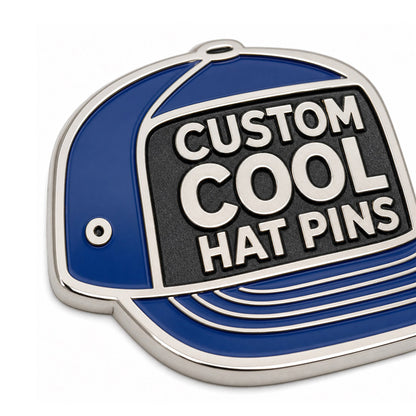 Close up of cool hat pins with detailed enamel artwork, clean metal edges, and collectible custom pin craftsmanship