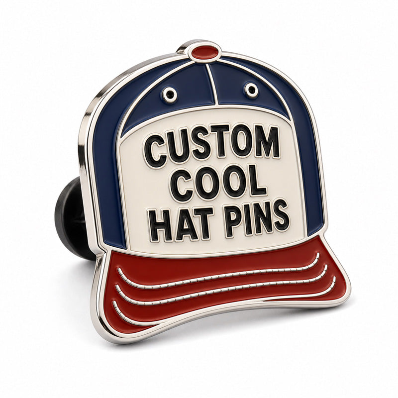 Side view of cool hat pins showing polished metal thickness, enamel color details, and a secure pin backing