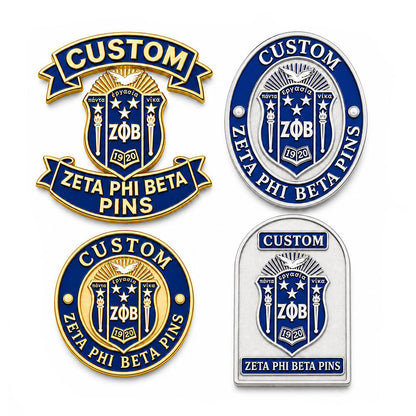 Zeta Phi Beta Pins examples showing varied custom pin shapes and colors