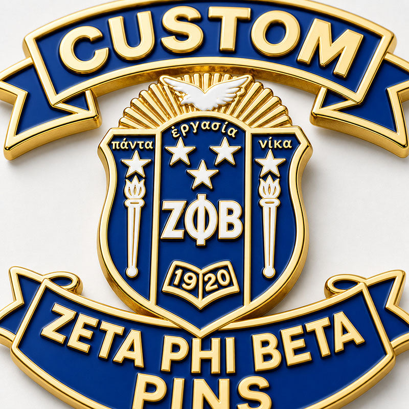 Close-up detail of zeta phi beta pins with polished metal lines and enamel colors