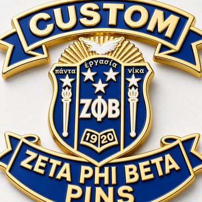 Close-up detail of zeta phi beta pins with polished metal lines and enamel colors