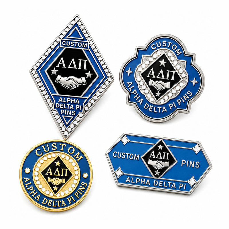 Alpha Delta Pi Pins examples showing varied custom pin shapes and colors