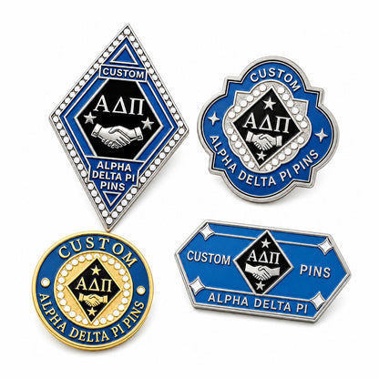Alpha Delta Pi Pins examples showing varied custom pin shapes and colors