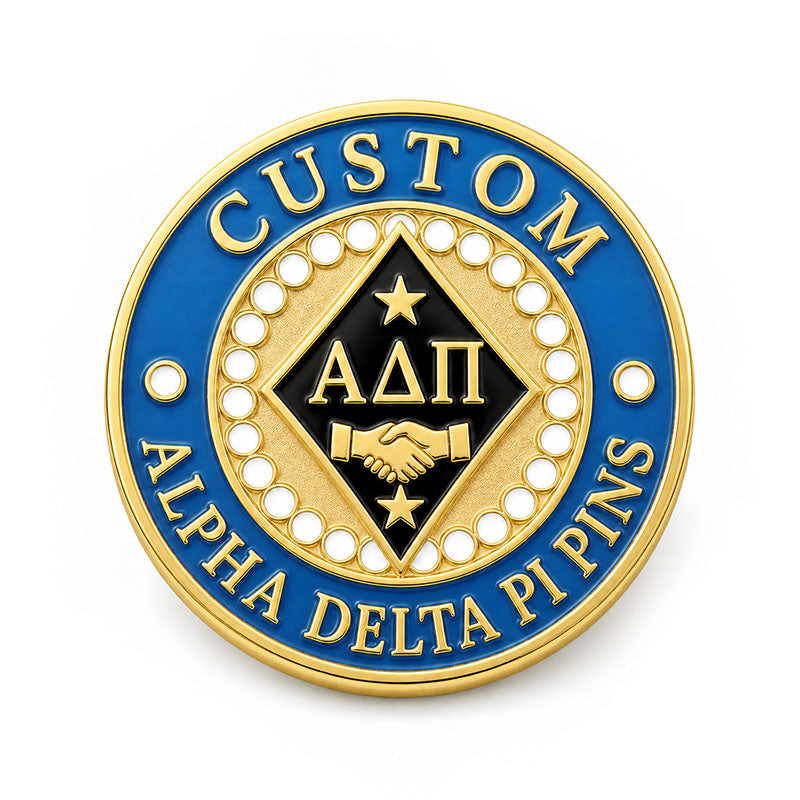 Alpha Delta Pi Pins Gold Round shown as a custom enamel pin on a clean white background