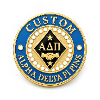 Alpha Delta Pi Pins Gold Round shown as a custom enamel pin on a clean white background