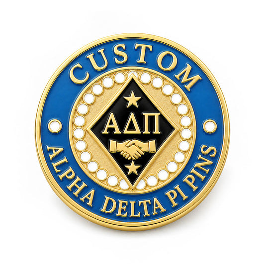 Alpha Delta Pi Pins Gold Round shown as a custom enamel pin on a clean white background
