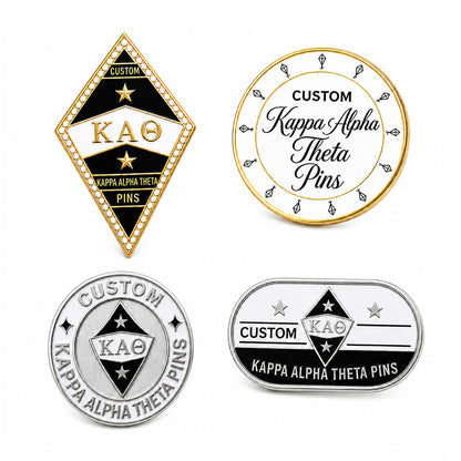 Kappa Alpha Theta Pins examples showing varied custom pin shapes and colors