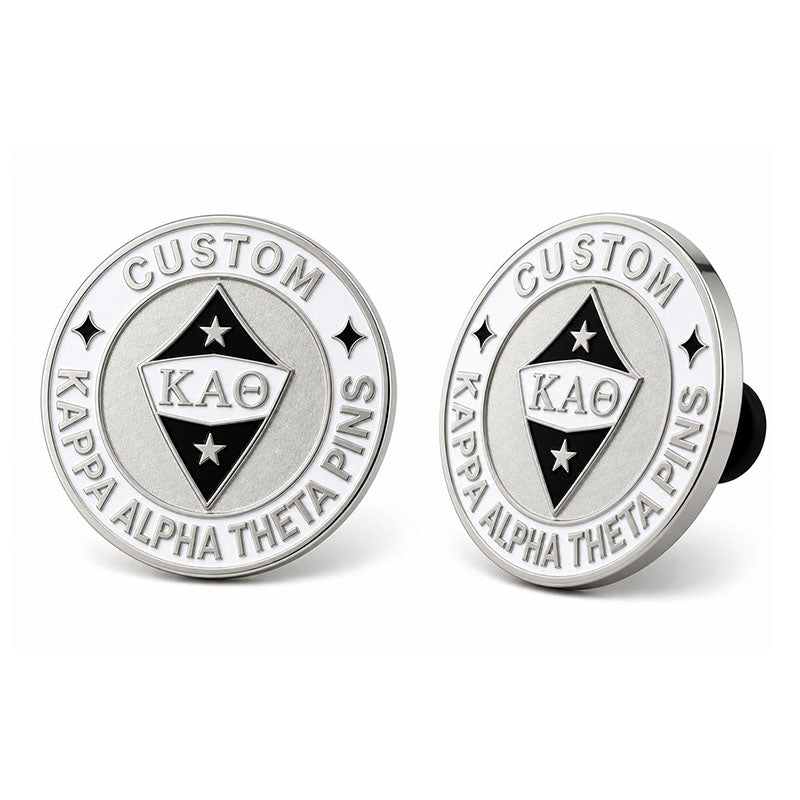 Side view of kappa alpha theta pins showing metal edge thickness and pin backing