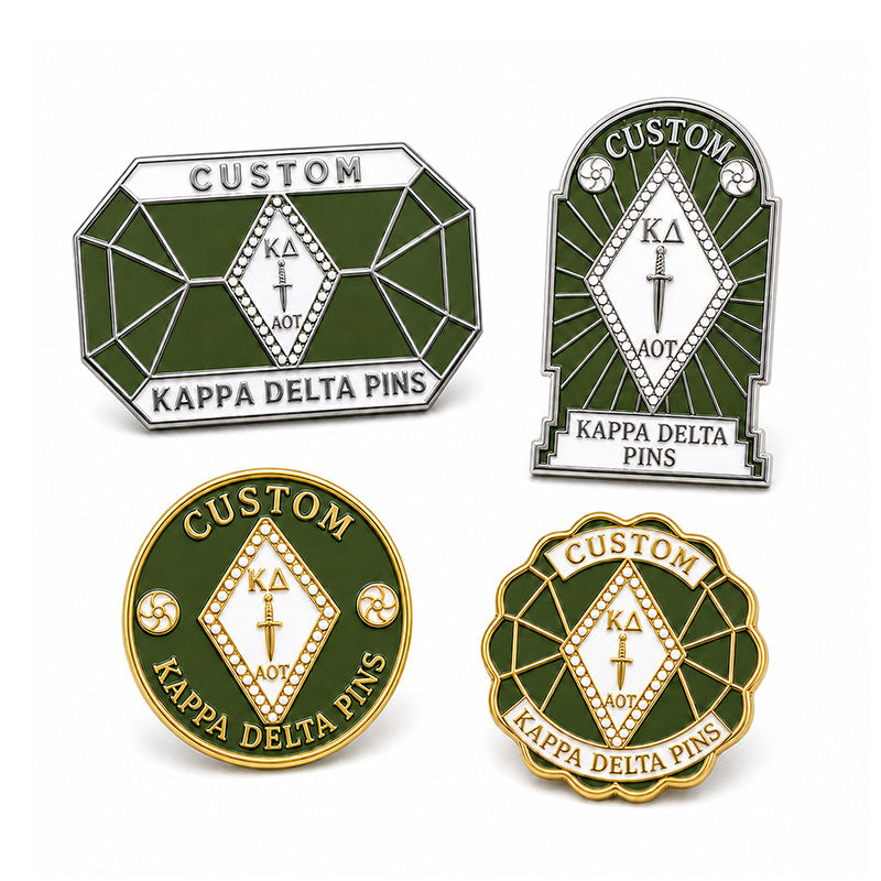 Kappa Delta Pins examples showing varied custom pin shapes and colors