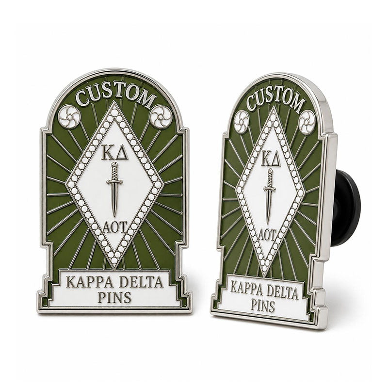Side view of kappa delta pins showing metal edge thickness and pin backing