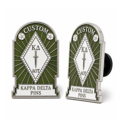 Side view of kappa delta pins showing metal edge thickness and pin backing