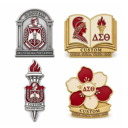 Delta Sigma Theta Pins examples showing varied custom pin shapes and colors