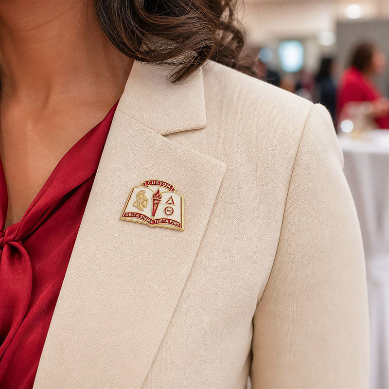 Delta Sigma Theta Pins displayed in a realistic use setting