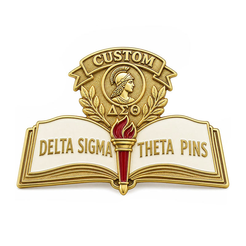 Delta Sigma Theta Pins Open Book shown as a custom enamel pin on a clean white background