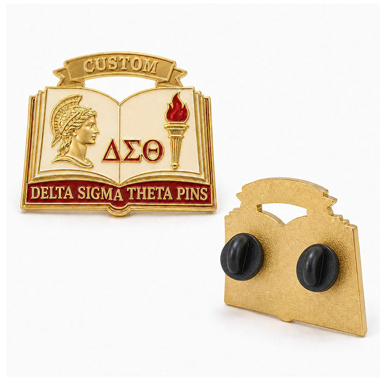 Side view of delta sigma theta pins showing metal edge thickness and pin backing