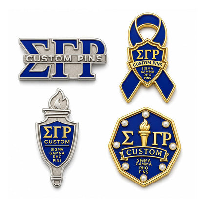 Sigma Gamma Rho Pins examples showing varied custom pin shapes and colors