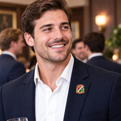 Custom Kappa Sigma pin worn on formal attire in a fraternity event setting