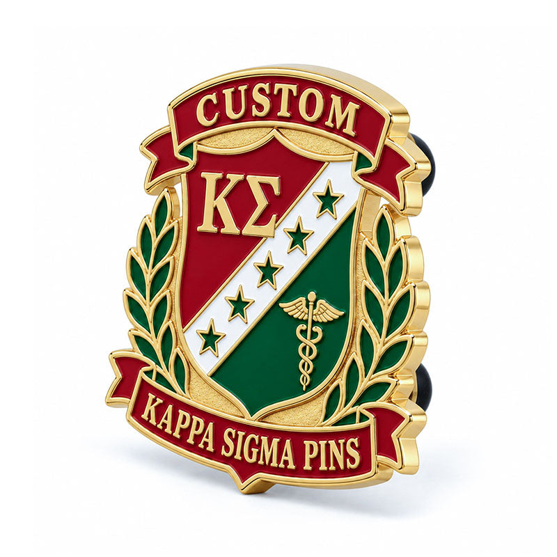 Angled side view of custom Kappa Sigma pin showing metal depth and backing