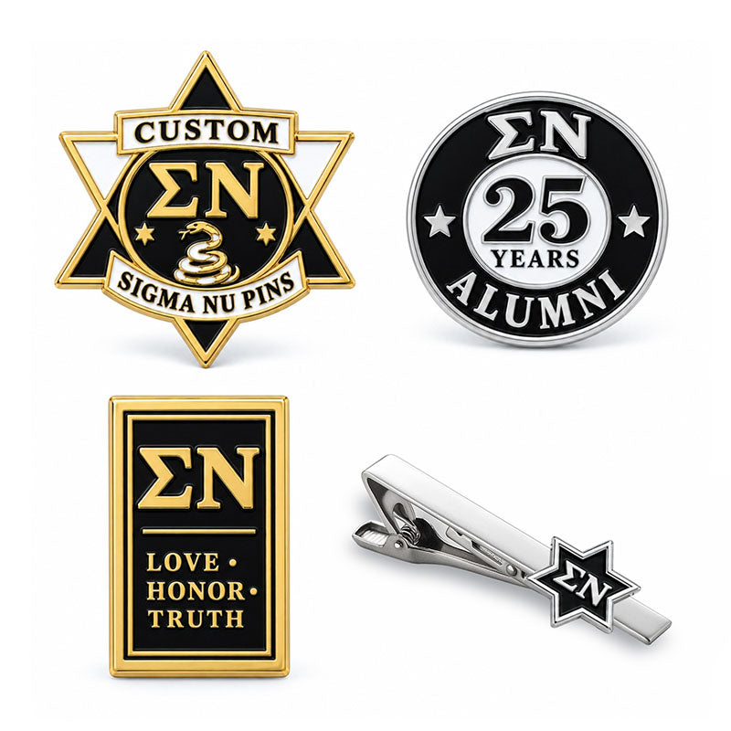 Custom Sigma Nu pin displayed in a black presentation case