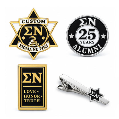 Custom Sigma Nu pin displayed in a black presentation case