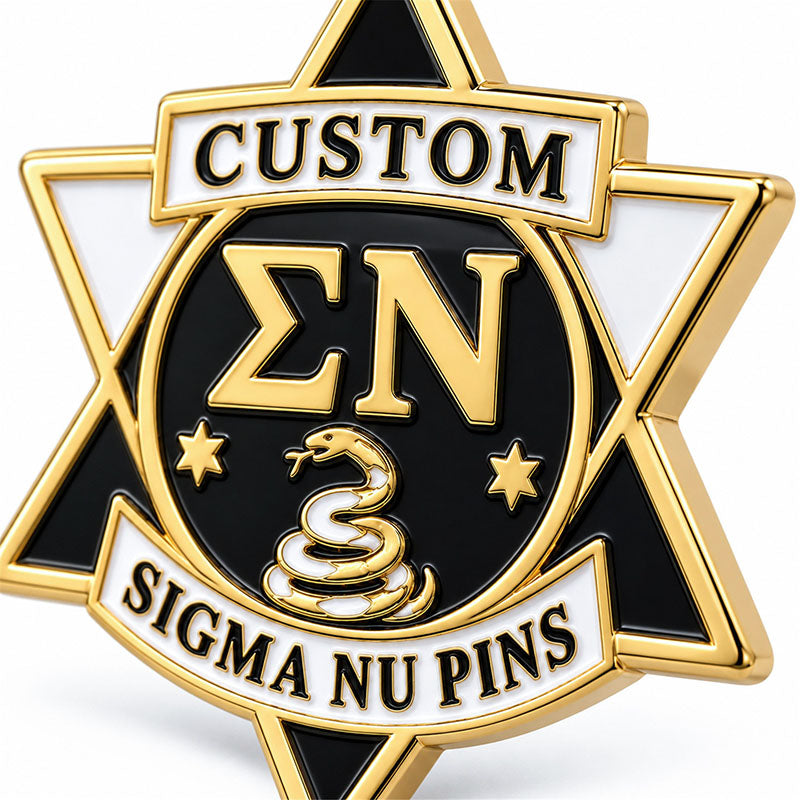 Close-up detail of custom Sigma Nu pin enamel colors and polished metal finish