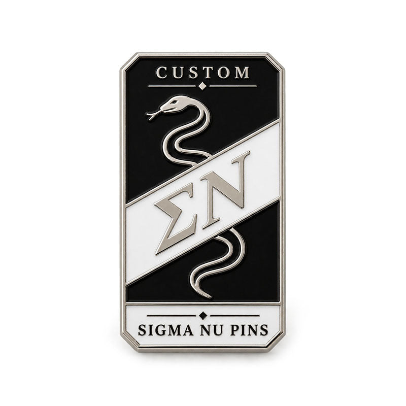 Silver-tone custom Sigma Nu pin with detailed enamel fraternity emblem