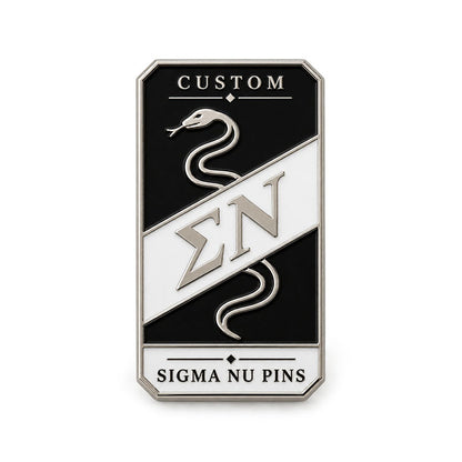 Silver-tone custom Sigma Nu pin with detailed enamel fraternity emblem