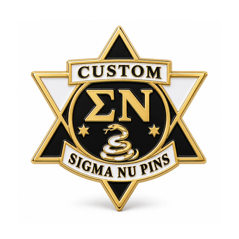 Gold-tone custom Sigma Nu pin with detailed enamel fraternity emblem