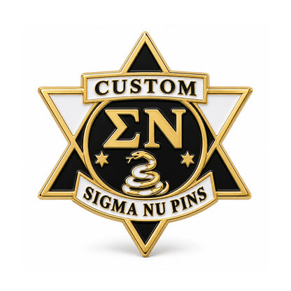 Gold-tone custom Sigma Nu pin with detailed enamel fraternity emblem