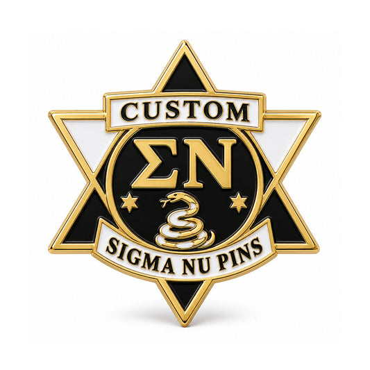 Gold-tone custom Sigma Nu pin with detailed enamel fraternity emblem