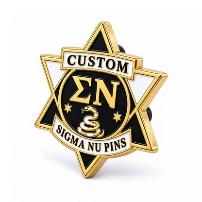 Angled side view of custom Sigma Nu pin showing metal depth and backing