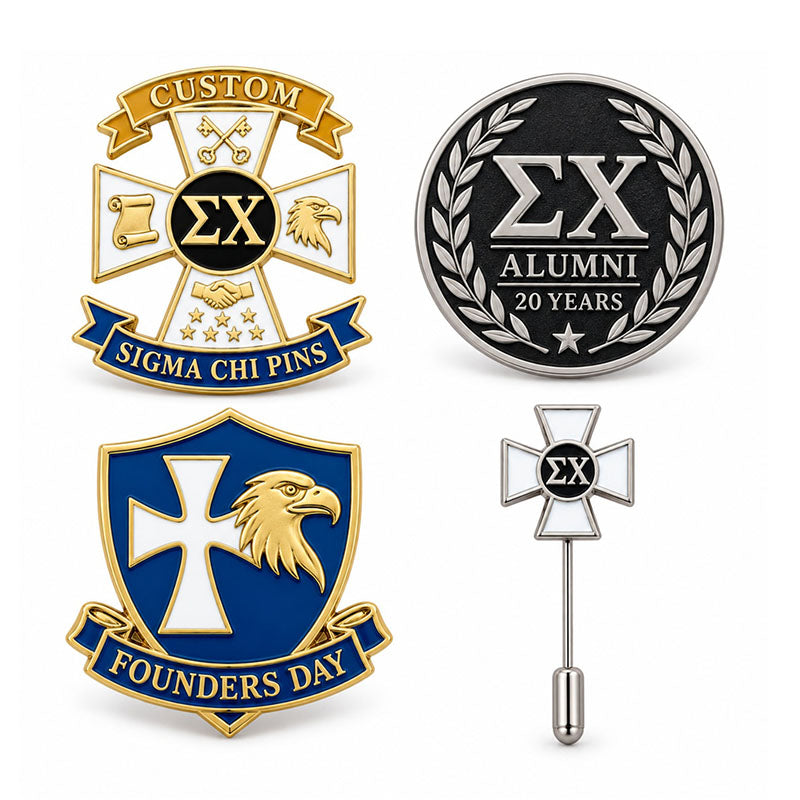 Custom Sigma Chi pin displayed in a black presentation case