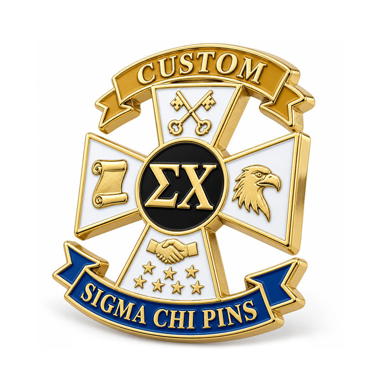 Close-up detail of custom Sigma Chi pin enamel colors and polished metal finish