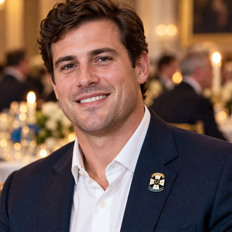 Custom Sigma Chi pin worn on formal attire in a fraternity event setting