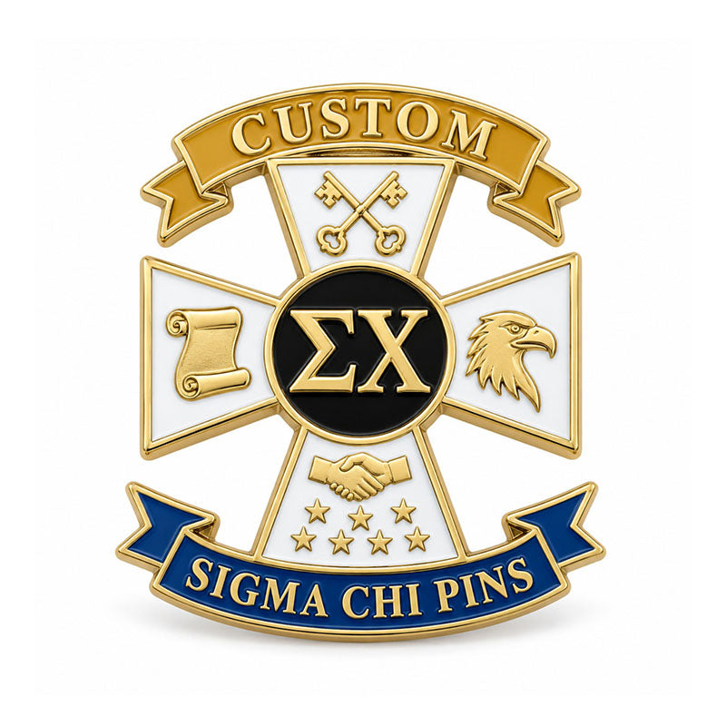 Gold-tone custom Sigma Chi pin with detailed enamel fraternity emblem
