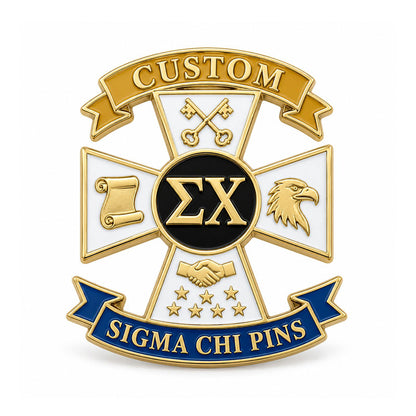 Gold-tone custom Sigma Chi pin with detailed enamel fraternity emblem
