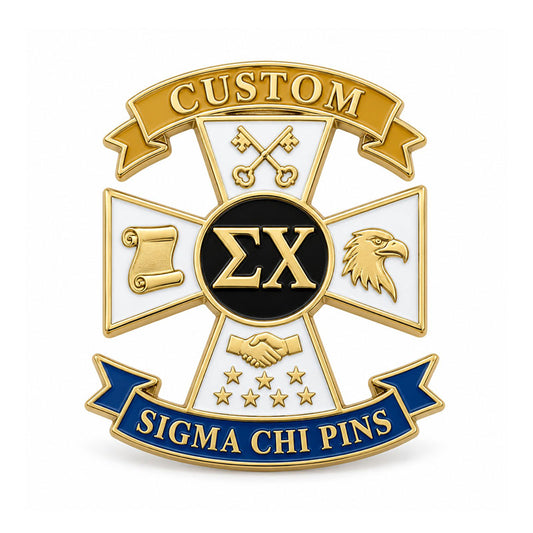 Gold-tone custom Sigma Chi pin with detailed enamel fraternity emblem